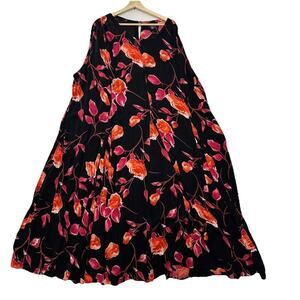 Vtg American Angel Dress Womens 3X Black Floral Maxi Flowy Gauzy Semi Sheer 90s